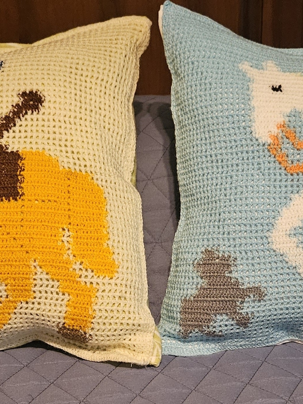 Yellow and Light Blue Hand-Crocheted Horseman and Dog Accent Pillow Covers